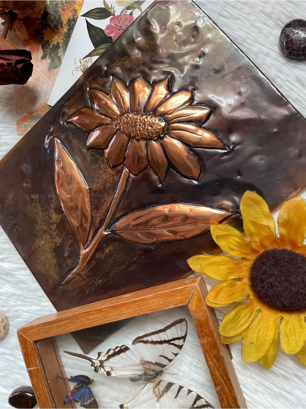 Vintage handmade signed bronze copper emboss 3D sunflower Art decor art